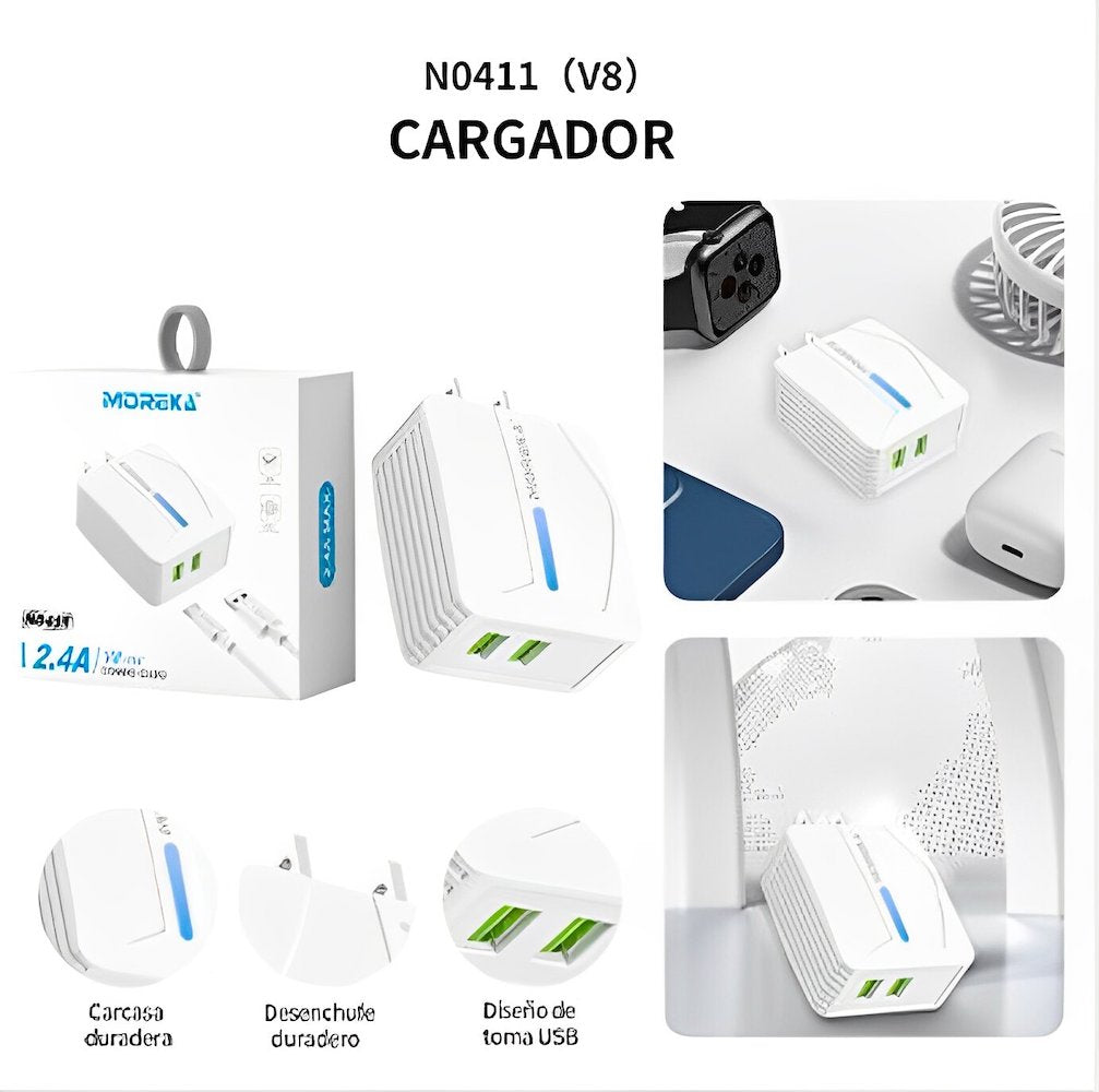 Cargador Moreka N0411 2.4A 2 USB incluye Cable V8 1M