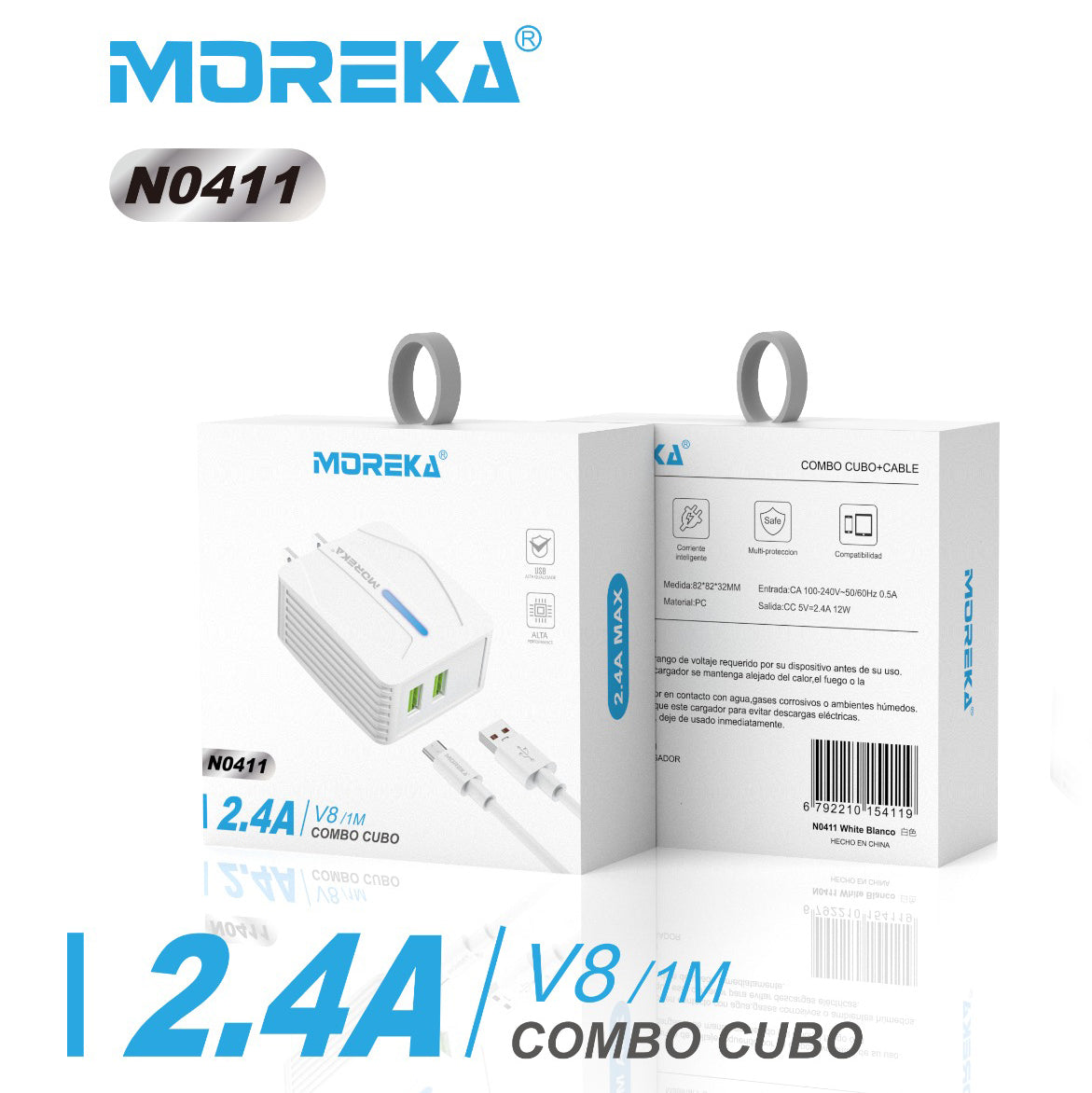 Cargador Moreka N0411 2.4A 2 USB incluye Cable V8 1M