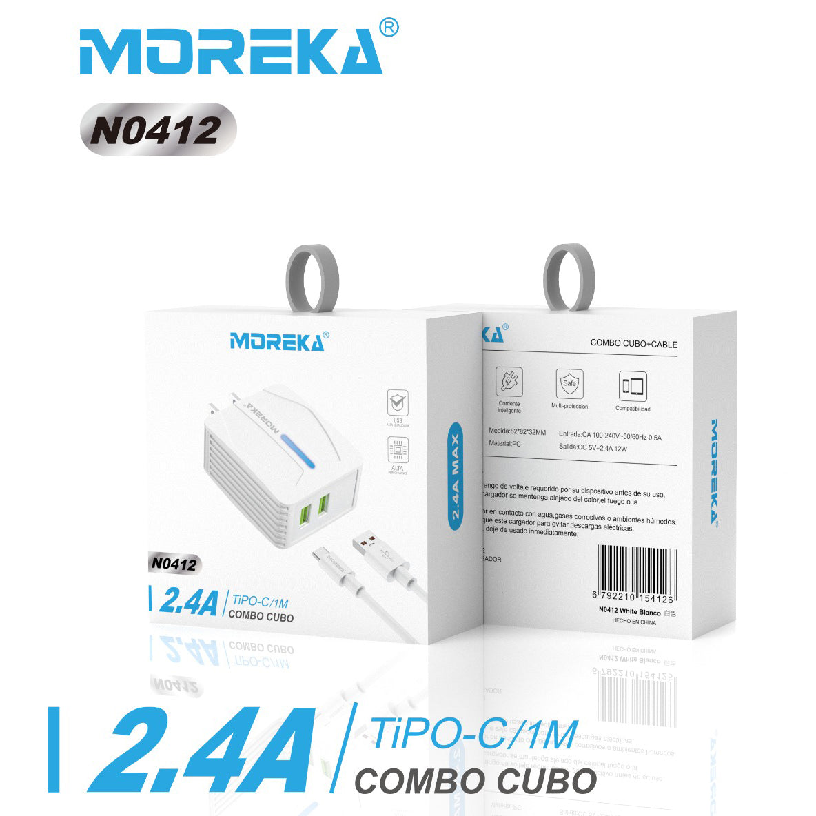 Cargador Moreka N0412 2.4A 2 USB Incluye Cable tipo C 1M