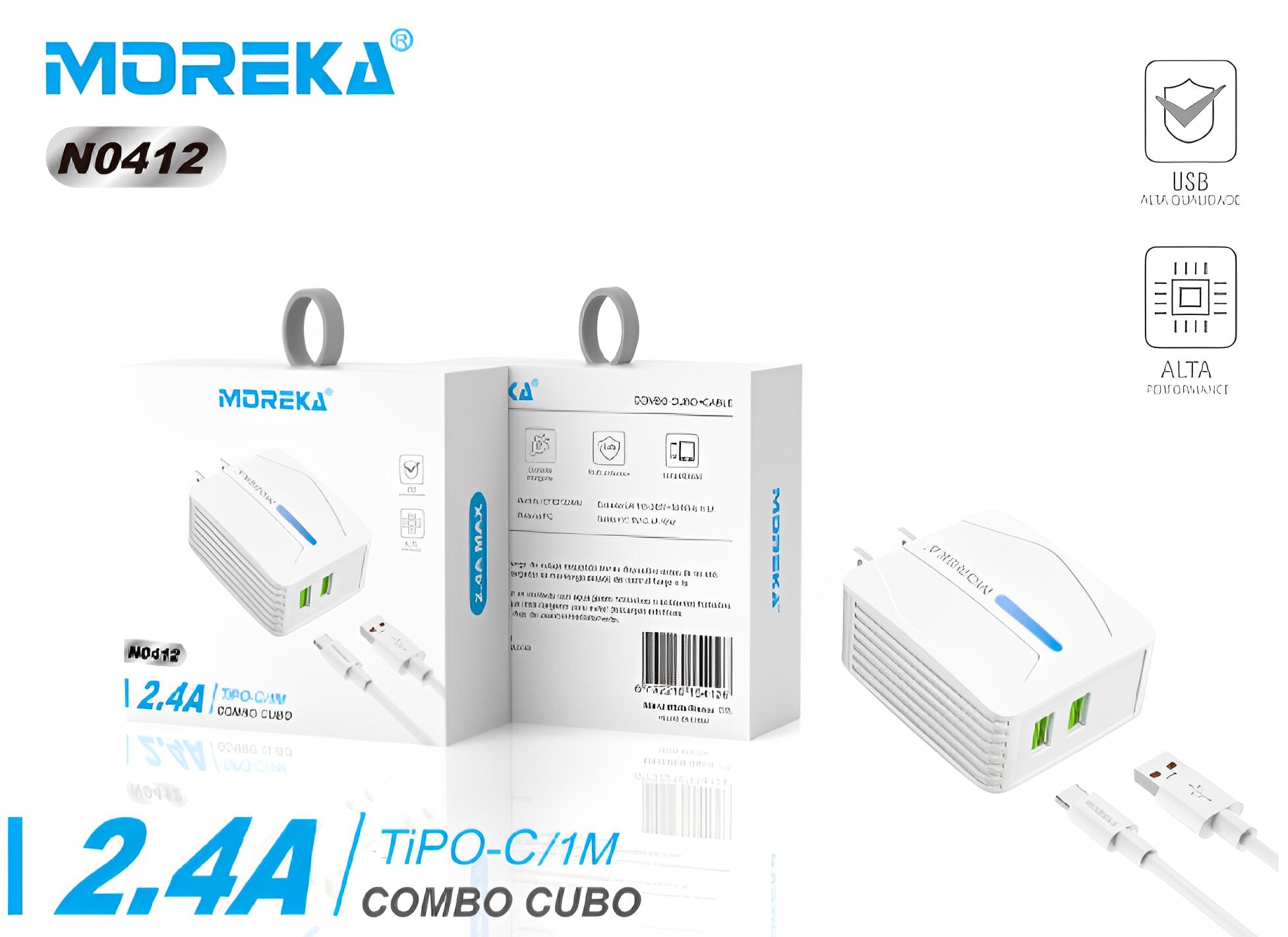 Cargador Moreka N0412 2.4A 2 USB Incluye Cable tipo C 1M