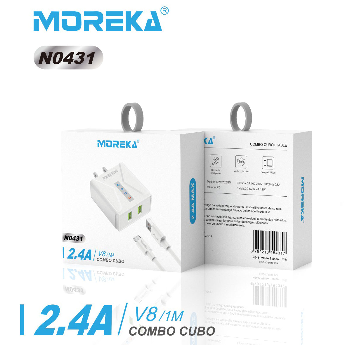 Cargador Moreka N0431 2.4A 2 USB incluye Cable Micro USB 1M