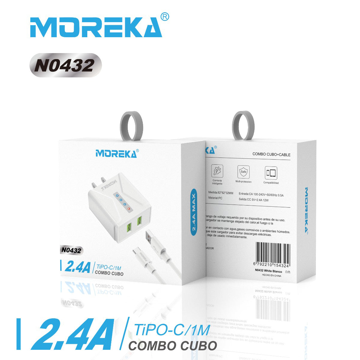 Moreka N0432 2.4A 2 USB Charger Includes Cable C 1M