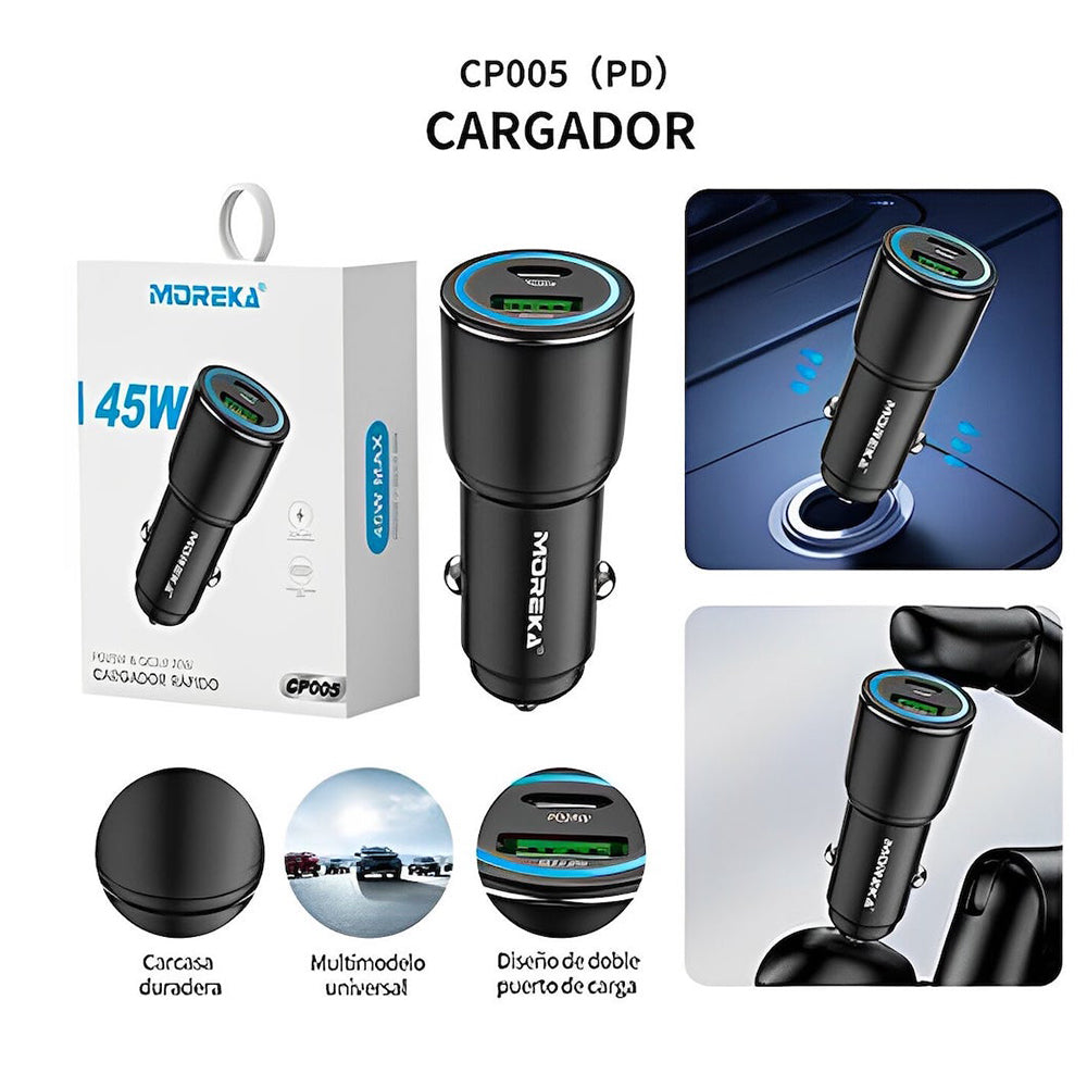 Cargador De Carro Moreka CP005 Plug In 45W USB y Tipo C